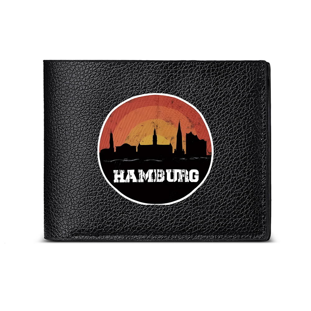 Men'S Fashion Hamburg - ハンブルクの夕焼けをモチーフにした都市風景プリントのメンズ財布。カードホルダー付き。カジュアルでビジネスシーンにも合う、おしゃれなデザイン。