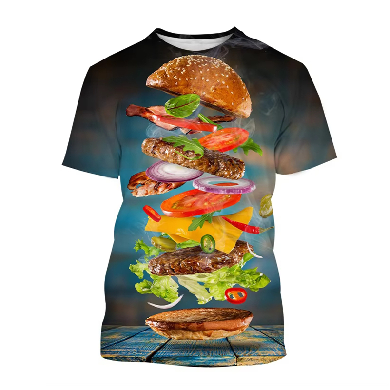 Men'S Fashion Hamburg - 面白い食べ物柄3DプリントTシャツ メンズ レディース ハンバーガー フライドポテト グラフィックTシャツ