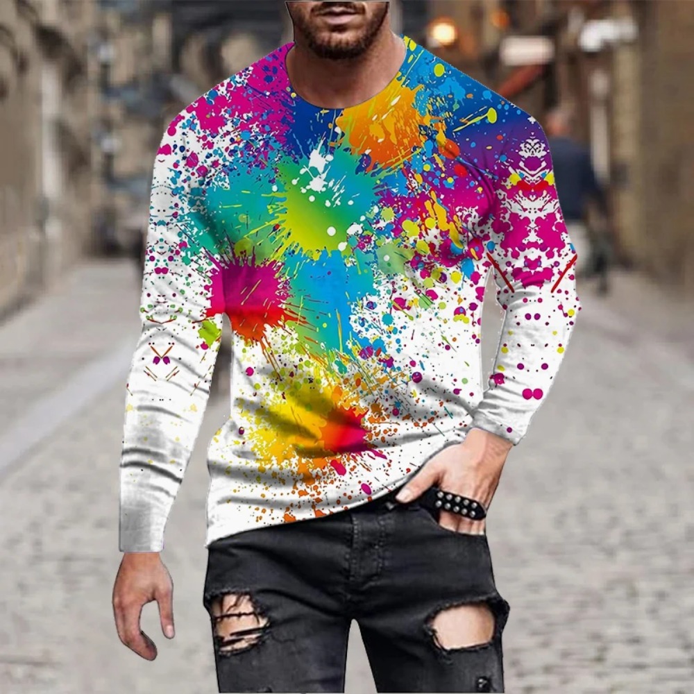 Mens Fashion Casual - メンズ レインボーペイントスプラッシュ 3Dプリント 長袖Tシャツ カラフルインクグラフィティTシャツ ノベルティ