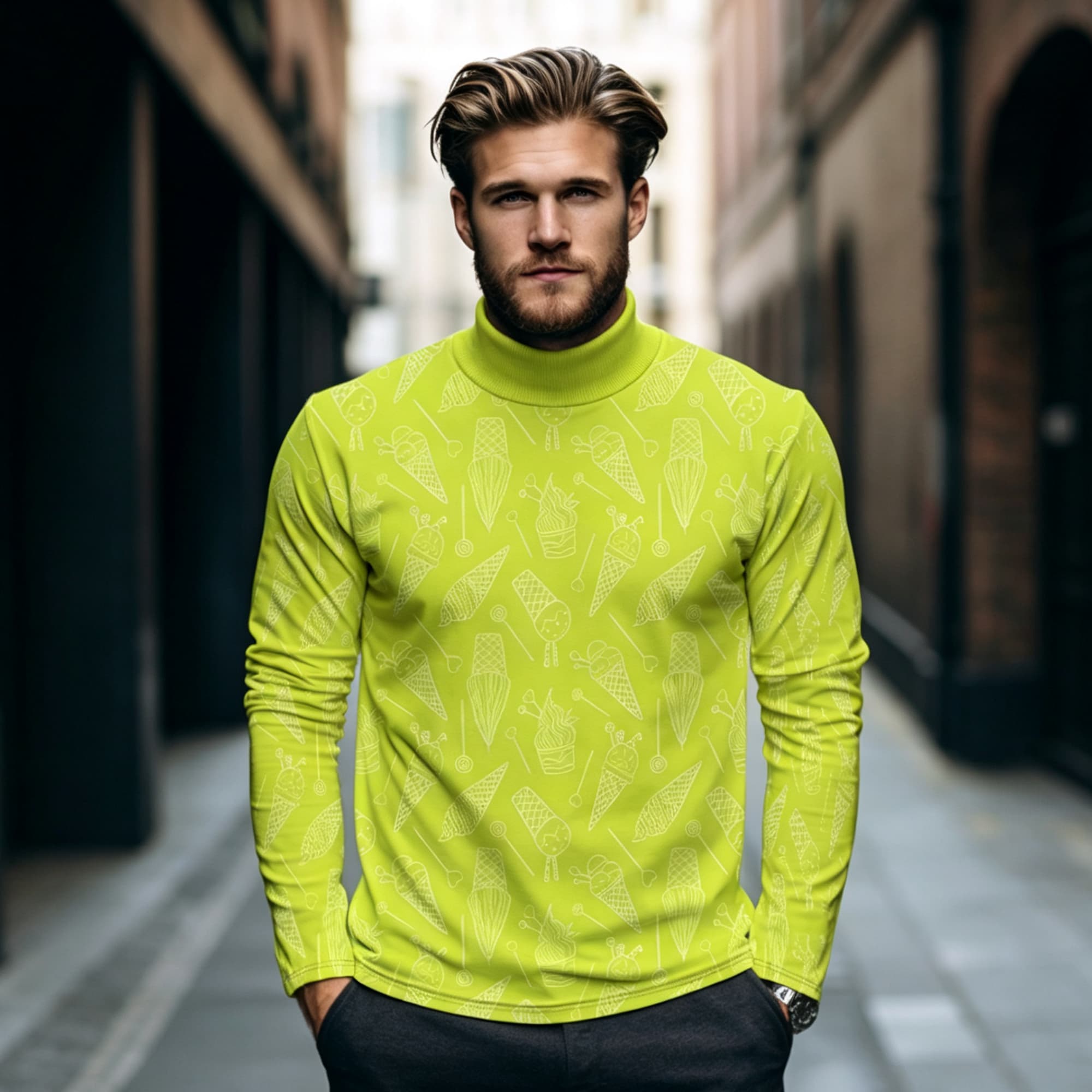 Mens Fashion Streetwear - ノベルティデザートグラフィックメンズモックネック長袖シャツスケッチライン全面プリントライムグリーンカジュアルストリートウェアデイリーファッション