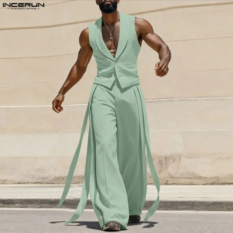 Mens Fashion Suits - INCERUN メンズセットアップ 無地 Vネック ノースリーブベスト＆パンツ ベルト付き