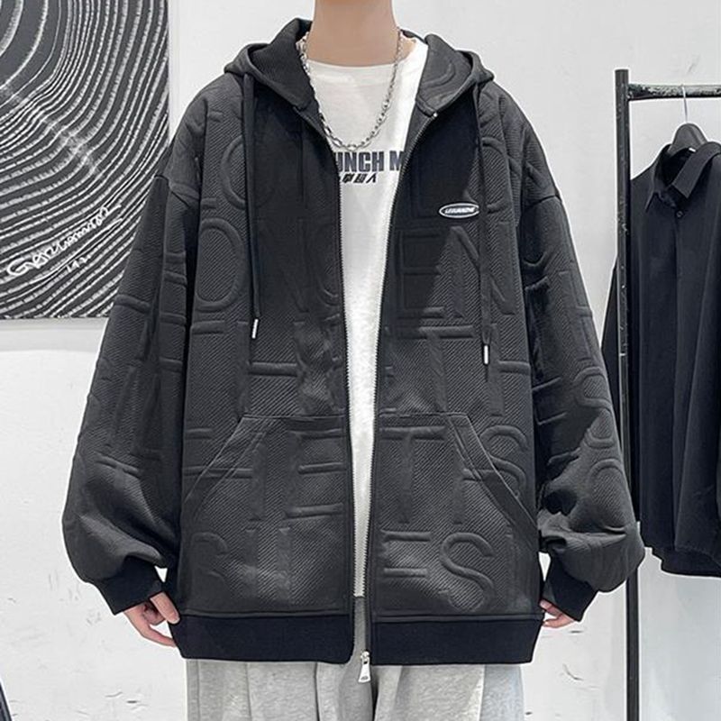 Men'S Fashion Deals - 春秋のメンズスウェットシャツ、無地ブラック、フルジップアップ、オーバーフィット、新作、衣料品セール、原宿ファッション、格安