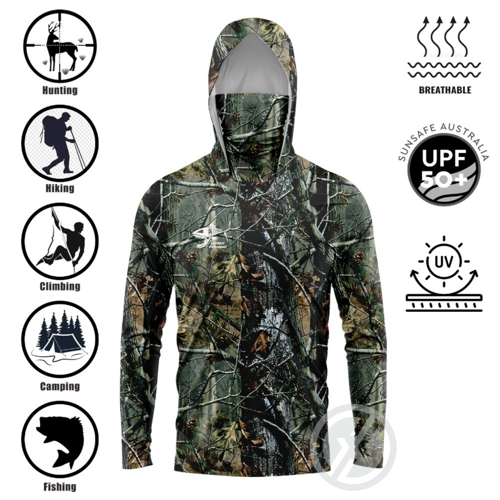 Mens Fashion Casual - UPF50+ フード付きフィッシングシャツ 内蔵フェイスゲイター 3Dプリント ユニセックス シャークフィッシュ柄