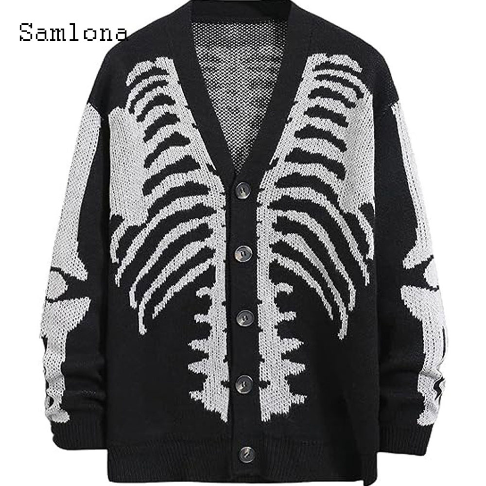 Men'S Fashion V Neck Sweater - プラスサイズメンズカジュアルレトロニットセーター 2025 ハロウィンゴシックファッションスカルプリントトップカーディガンメンズノーカラーセーター新