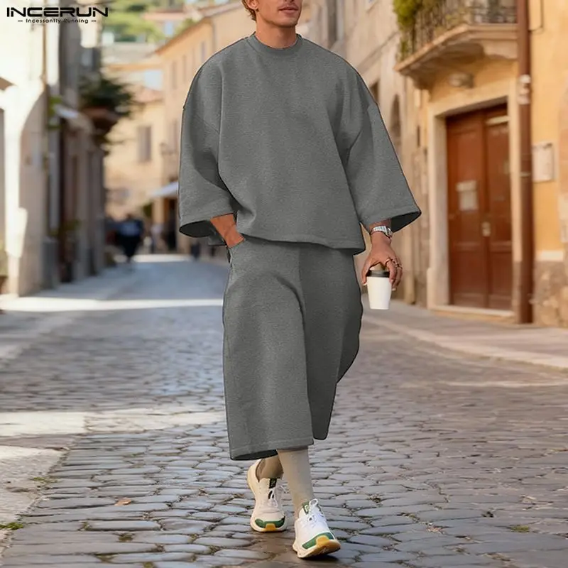 Mens Fashion Suits - INCERUN メンズセット ソリッドカラー バギー 3/4 スリーブ