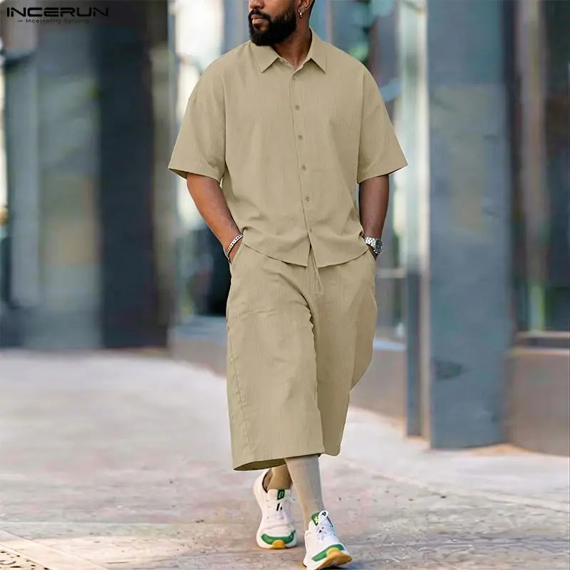 Mens Fashion Streetwear - INCERUN メンズセットソリッドラペル半袖シャツパンツツーピースセットストリートルーズ 2026 夏のファッション男性マッチングセット