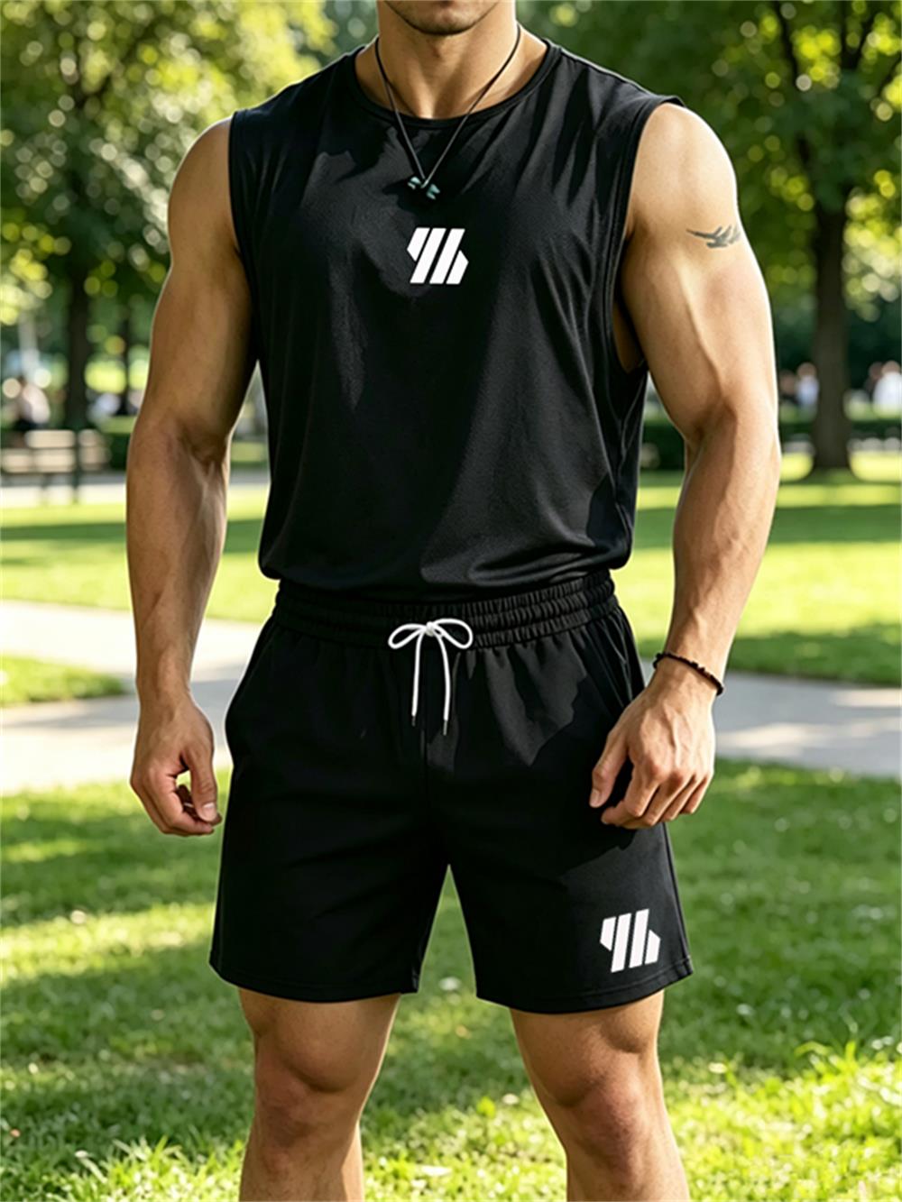 Mens Fashion Casual - 2026年新作メンズブランドベスト ツーピースフィットネスランニングスポーツウェア ファッションプリントラウンドネックベスト/通気性ショートパンツセット