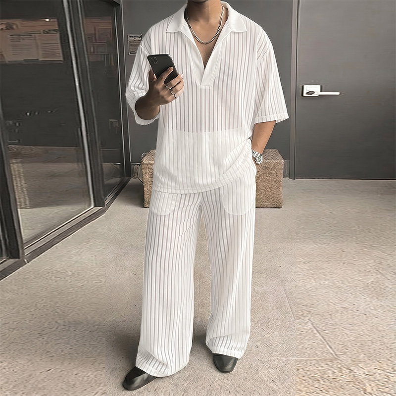 Mens Fashion Streetwear - INCERUN メンズセットストライプメッシュシースルーラペル半袖シャツパンツ 2 点セットストリートファッション男性マッチングセット