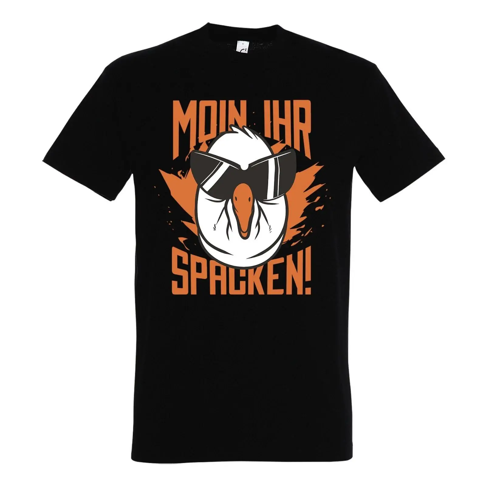 Men'S Fashion Hamburg - メンズTシャツ「MOIN IHR SPACKEN」。面白いスローガンとロゴプリントが施された、ハンブルク港をモチーフにしたヴィンテージ風のウォッシュ加工ファッションアイテム。