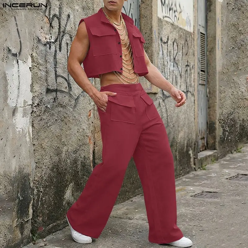 Mens Fashion Streetwear - INCERUN 男性セット固体ノースリーブクロップトップスシャツパンツ 2 ピースセットストリートルーズ 2026 ファッションメンズマッチングセットトラックスーツ