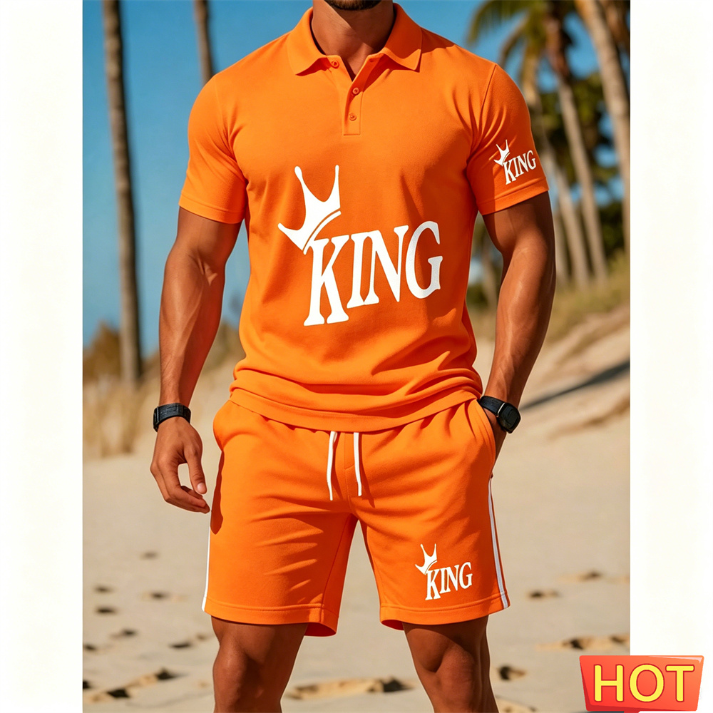Men Fashion King - メンズ半袖スーツセット - ツーピースセット ファッションレター KING バケーション