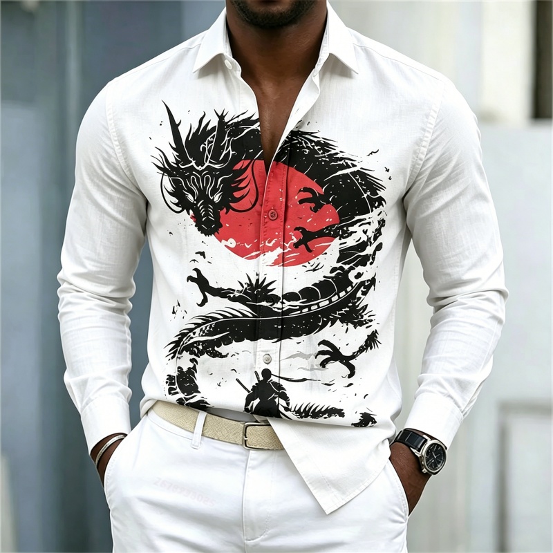 Mens Fashion Streetwear - 2026年新作 メンズシャツ 白黒赤のコントラスト ドラゴン柄シャツ ストリートスタイル ファッション