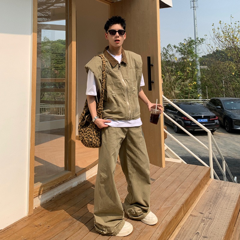 Mens Fashion Casual - アメリカのファッションブランドレトロデニムジャケットメンズ夏の新しいシルエットデザインショルダーベストルーズパンツセットファッショナブルでカジュアル
