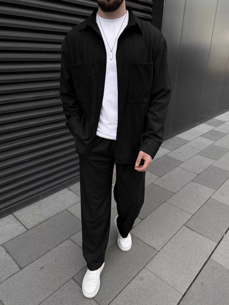 Mens Fashion Suits - メンズコーデュロイツーピースセット：長袖ボタンダウンシャツとワイドレッグトラウザーズのセット、ファッショナブルなカジュアルストリートスポーツウェア