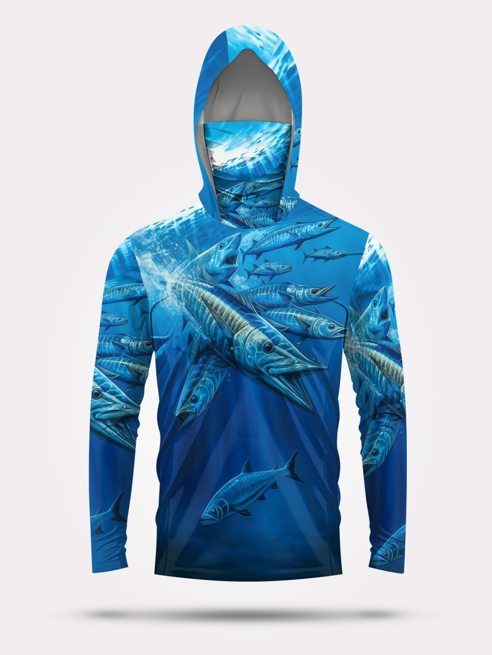 Mens Fashion Suits - メンズ夏ファッション 魚群プリント 快適で通気性のあるフード付き釣りスーツ 長袖Tシャツ アウトドアカジュアルトップ