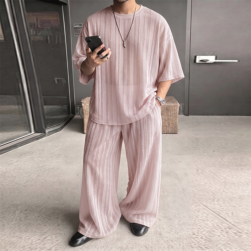 Men'S Fashion Trousers - INCERUN メンズセット ストライプ柄 シースルー 半袖Tシャツ パンツ
