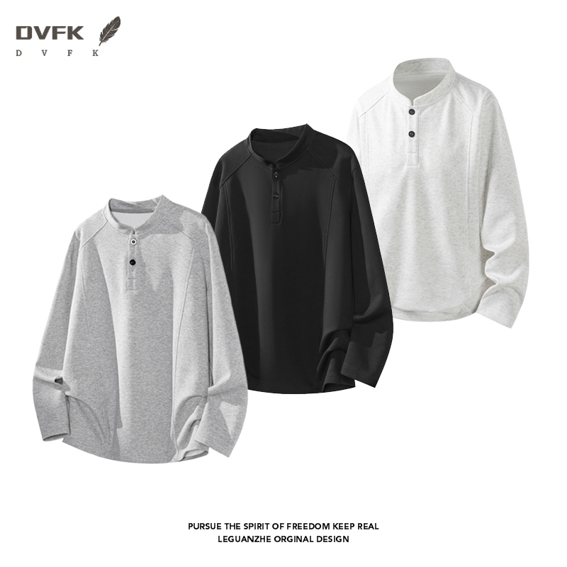 Mens Fashion Casual - メンズ ラグランスリーブ ヘンリーネック 長袖シャツ ハーフボタン ルーズ