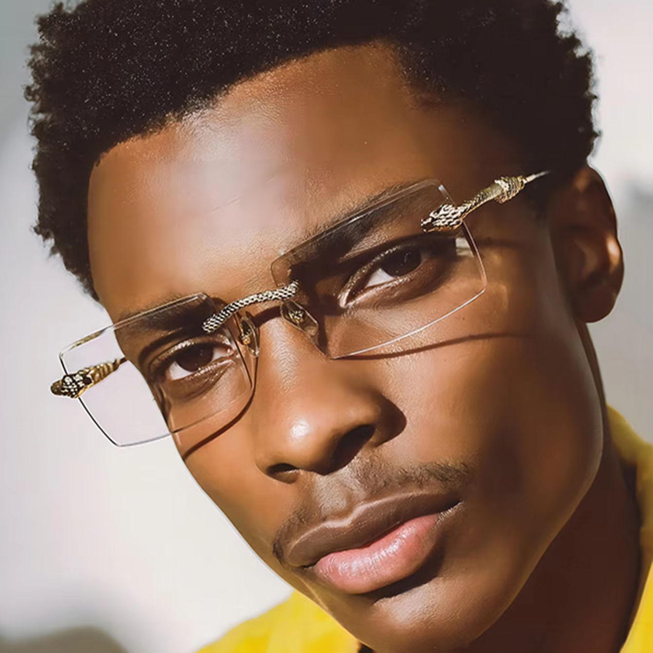 Men'S Fashion Non Prescription Glasses - メンズ用メタル製長方形リムレスメガネ（蛇の形をしたテンプル装飾付き）、仕事、会議、ファッション、レジャー、装飾用に適した度なしメガネ