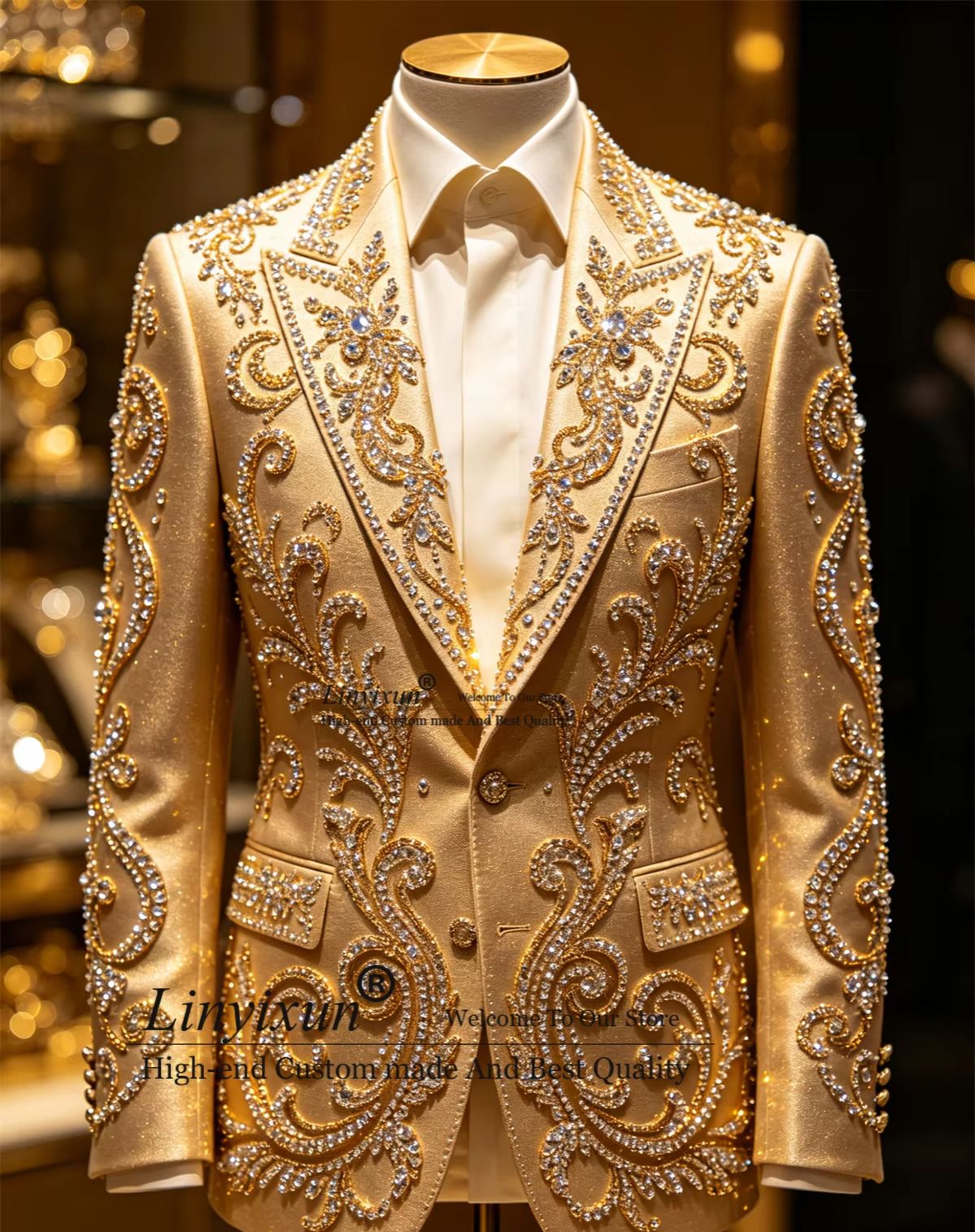 Mens Fashion Trajes - 高級ストーンクリスタルメンズスーツファッション男性用ウェディンググルームタキシード2ピースセット男性用プロムブレザーカスタムメイドスーツ（男性用）
