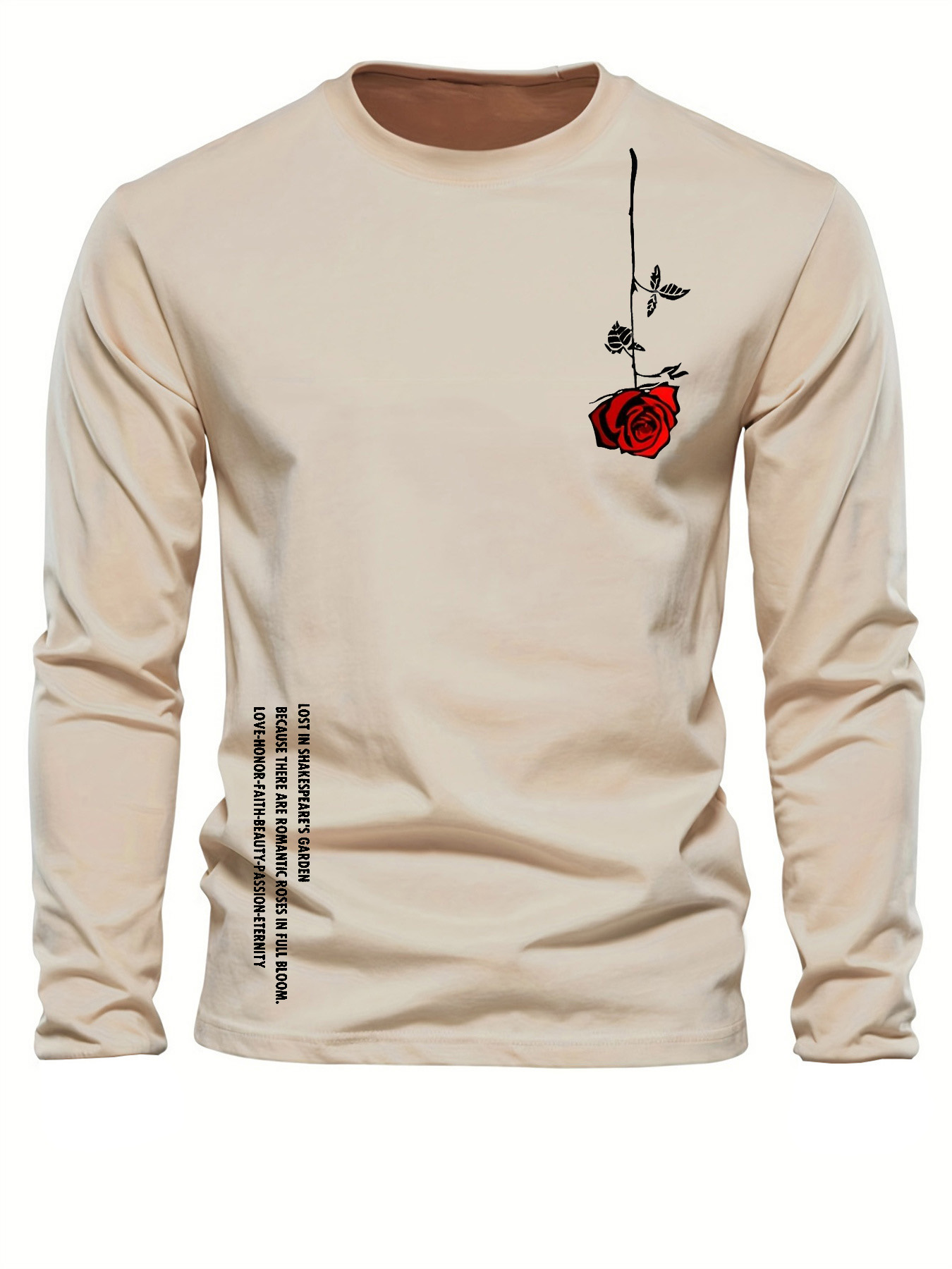 Men'S Fashion 2025 - 100% 純綿メンズ長袖ラウンドネックルーズカジュアルローズレタープリント春と秋の万能 T シャツトップ