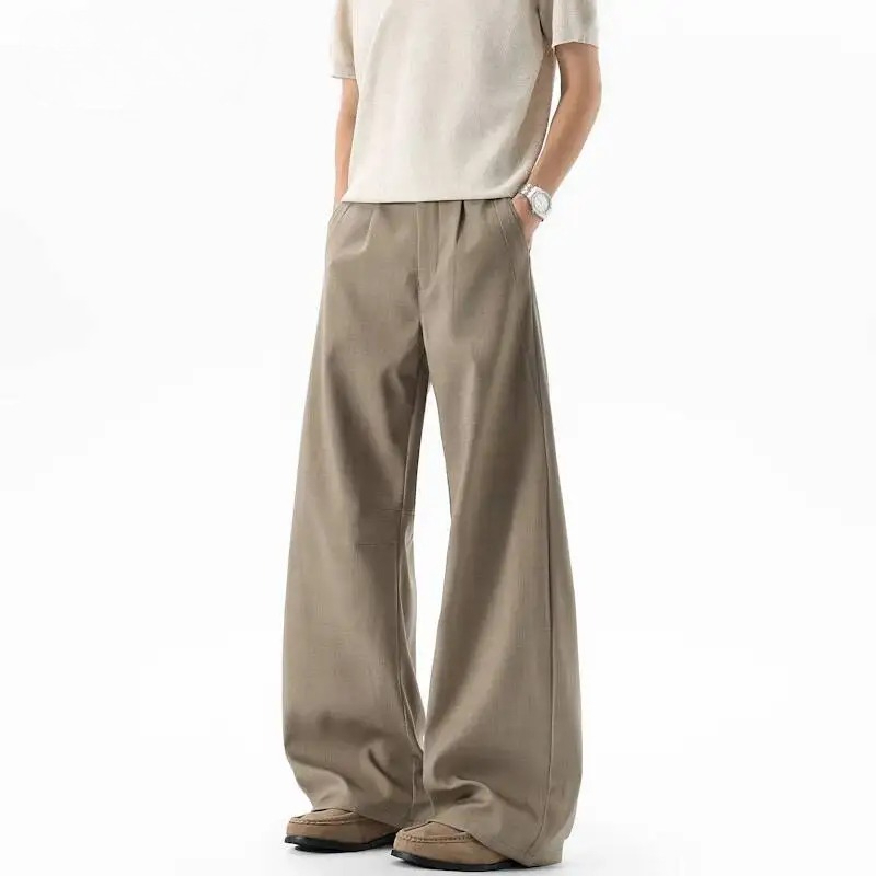 Men'S Fashion Khaki Pants - カーキヴィンテージプリーツメンズスーツパンツルーズストレートカジュアルパンツ夏のファッション新しいワイドレッグボトムス9X3647