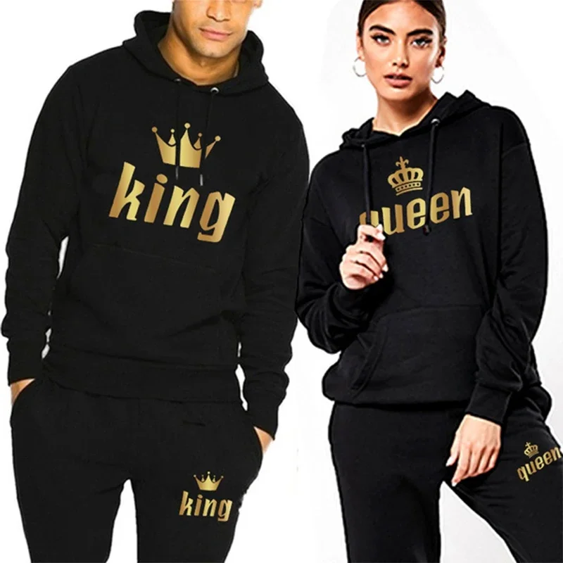 Men Fashion King - 男性女性トラックスーツキングとクイーンレタープリントパーカーとジョガーパンツジョギングスーツスポーツウェアカジュアルファッションカップル衣装
