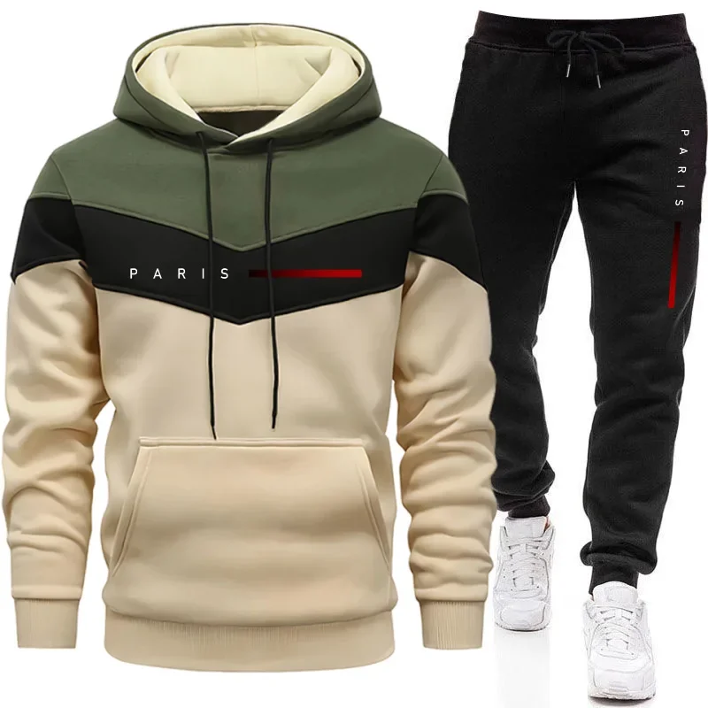 Mens Fashion Suits - パリファッションメンズフーディセットデイリーカジュアルスポーツフード付きスウェットシャツとジョガーパンツ男性用アーバントレンドウォームプルオーバートラックスーツ
