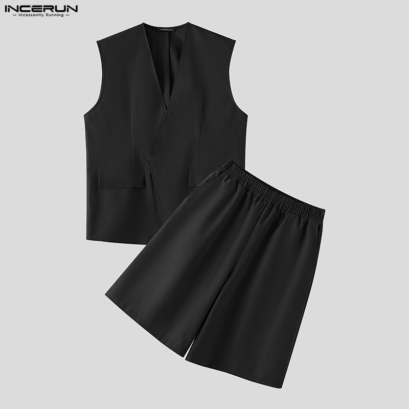 Mens Fashion Suits - INCERUN メンズセット ソリッドカラー Vネック ノースリーブベスト＆ショーツ ツーピースセット