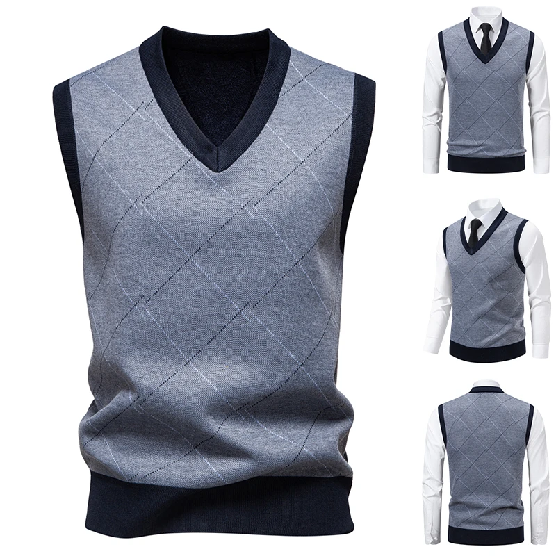 Men'S Fashion V Neck Sweater - メンズニット暖かいセーター、秋と冬用、Vネックベスト、ダイヤモンドグリッドツイストフラワー、カジュアルファッション、多用途トップス