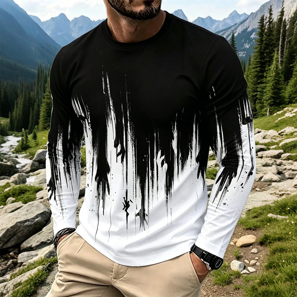 Mens Fashion Streetwear - メンズグラデーションインクスプラッシュ長袖Tシャツカジュアルストリートウェアクルーネックトップス新作ファッション通気性プリントベースレイヤーシャツ