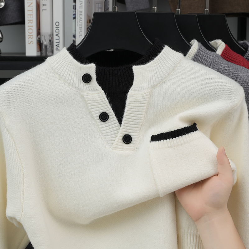 メンズフェイクツーピースニット長袖プルオーバー、ラウンドネッ - Men'S Fashion V Neck Sweater のレビューと価格