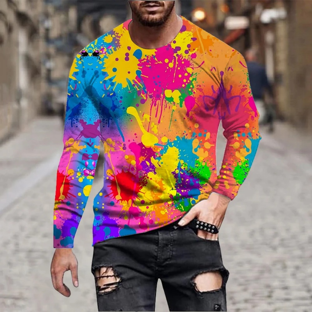 メンズ レインボーペイントスプラッシュ 3Dプリント 長袖T - Mens Fashion Casual のレビューと価格