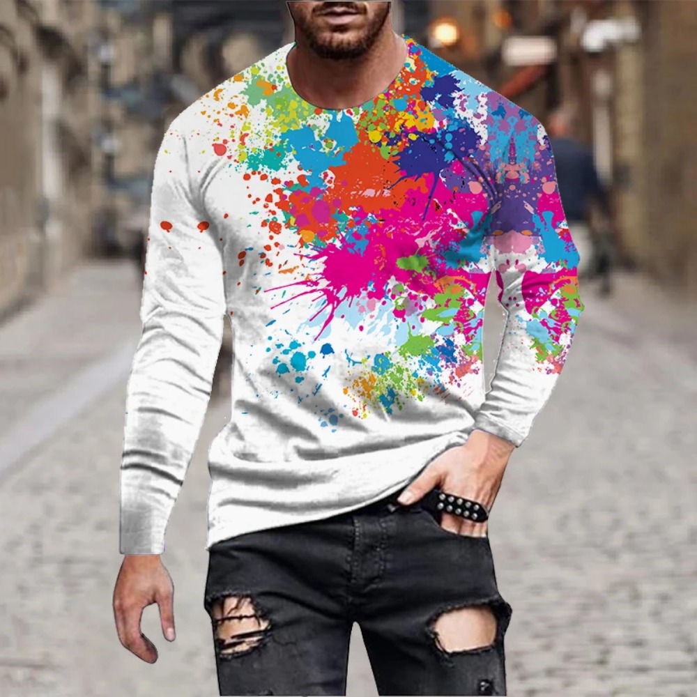 メンズ レインボーペイントスプラッシュ 3Dプリント 長袖T - Mens Fashion Casual のレビューと価格