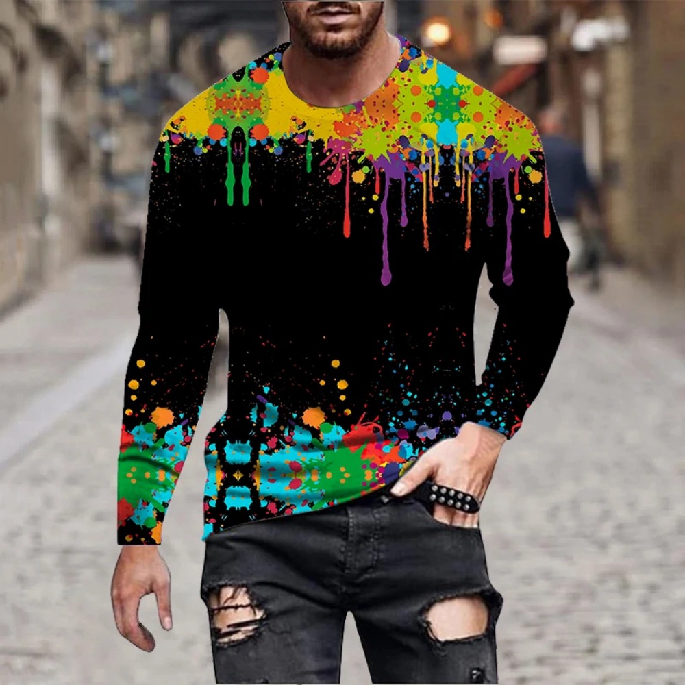 メンズ レインボーペイントスプラッシュ 3Dプリント 長袖T - Mens Fashion Casual のレビューと価格