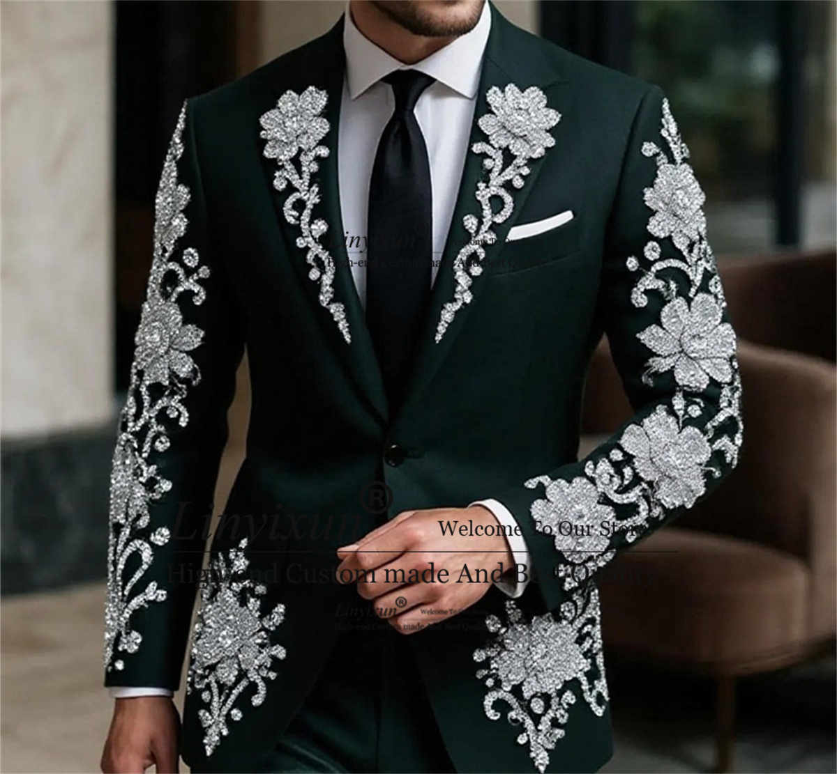 ファッションクリスタルフローラルメンズスーツ 結婚式用 2ピ - Mens Fashion Trajes のレビューと価格