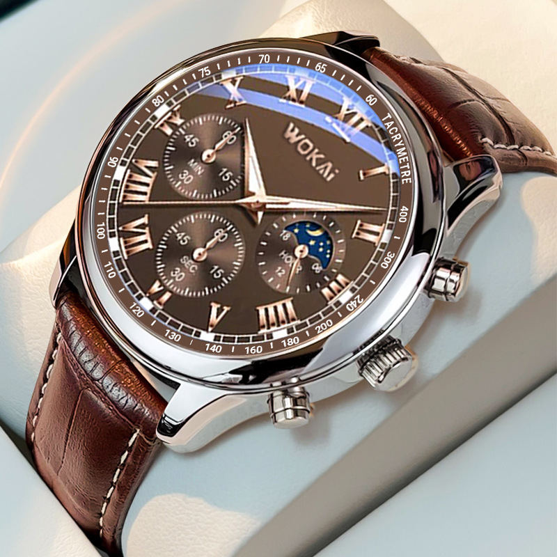 Wokai-男性用ブラウンレザー腕時計,カジュアル腕時計,ク - Men'S Fashion Quartz Watch Wokai のレビューと価格