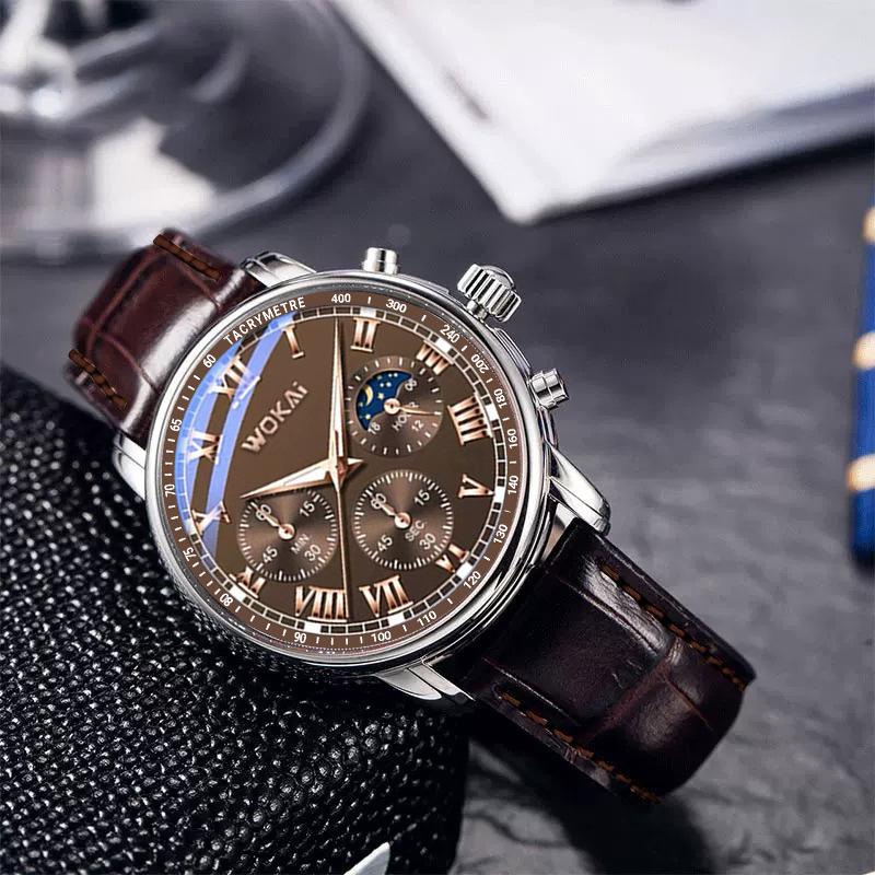 Wokai-男性用ブラウンレザー腕時計,カジュアル腕時計,ク - Men'S Fashion Quartz Watch Wokai のレビューと価格