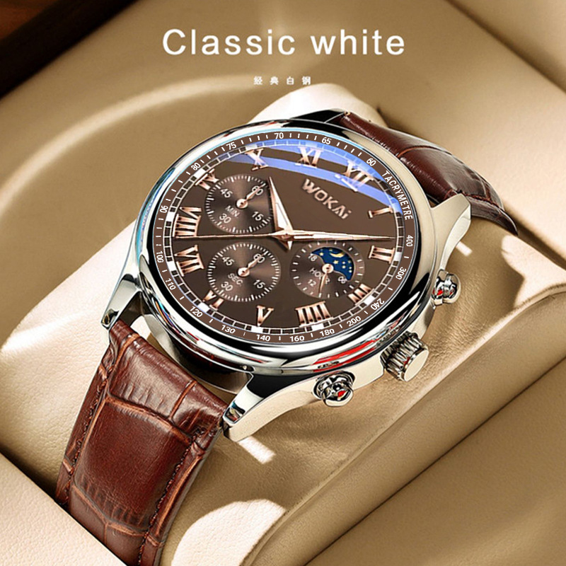 Wokai-男性用ブラウンレザー腕時計,カジュアル腕時計,ク - Men'S Fashion Quartz Watch Wokai のレビューと価格