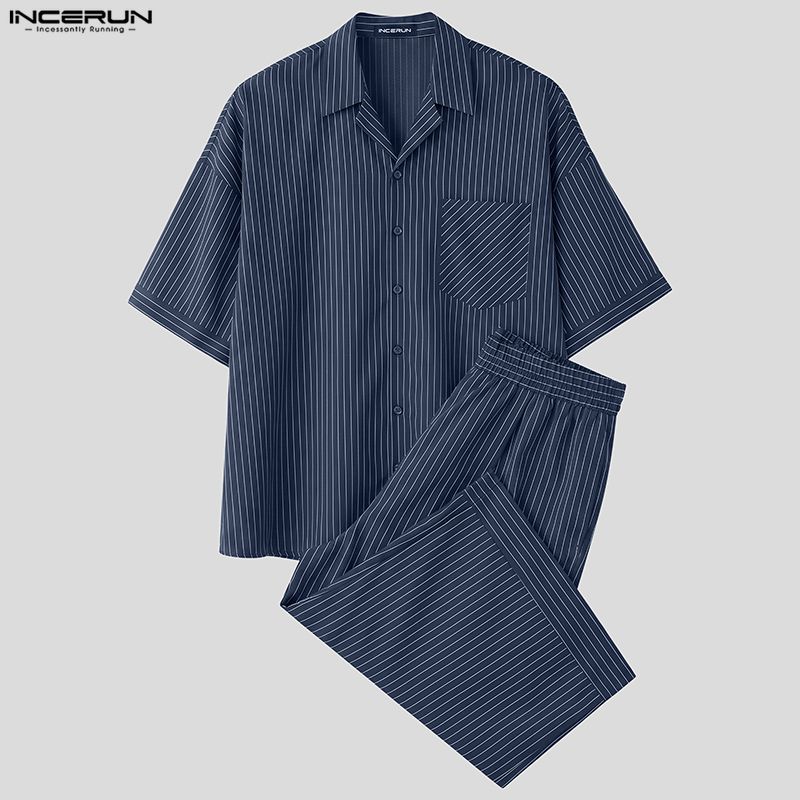 INCERUN 男性ストライプセットルーズ夏ラペル半袖シャツ - Mens Fashion Streetwear のレビューと価格