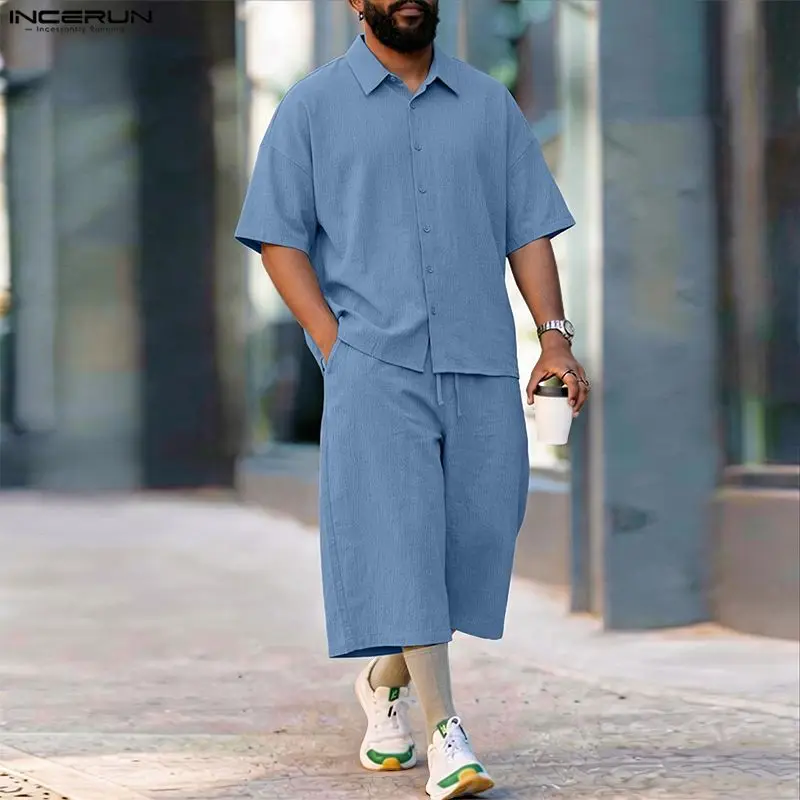 INCERUN メンズセットソリッドラペル半袖シャツパンツツ - Mens Fashion Streetwear のレビューと価格