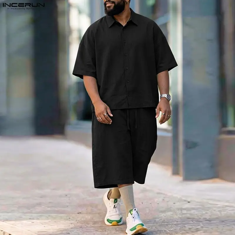 INCERUN メンズセットソリッドラペル半袖シャツパンツツ - Mens Fashion Streetwear のレビューと価格