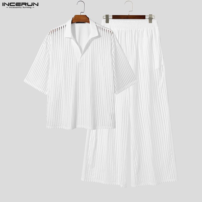 INCERUN メンズセットストライプメッシュシースルーラペ - Mens Fashion Streetwear のレビューと価格