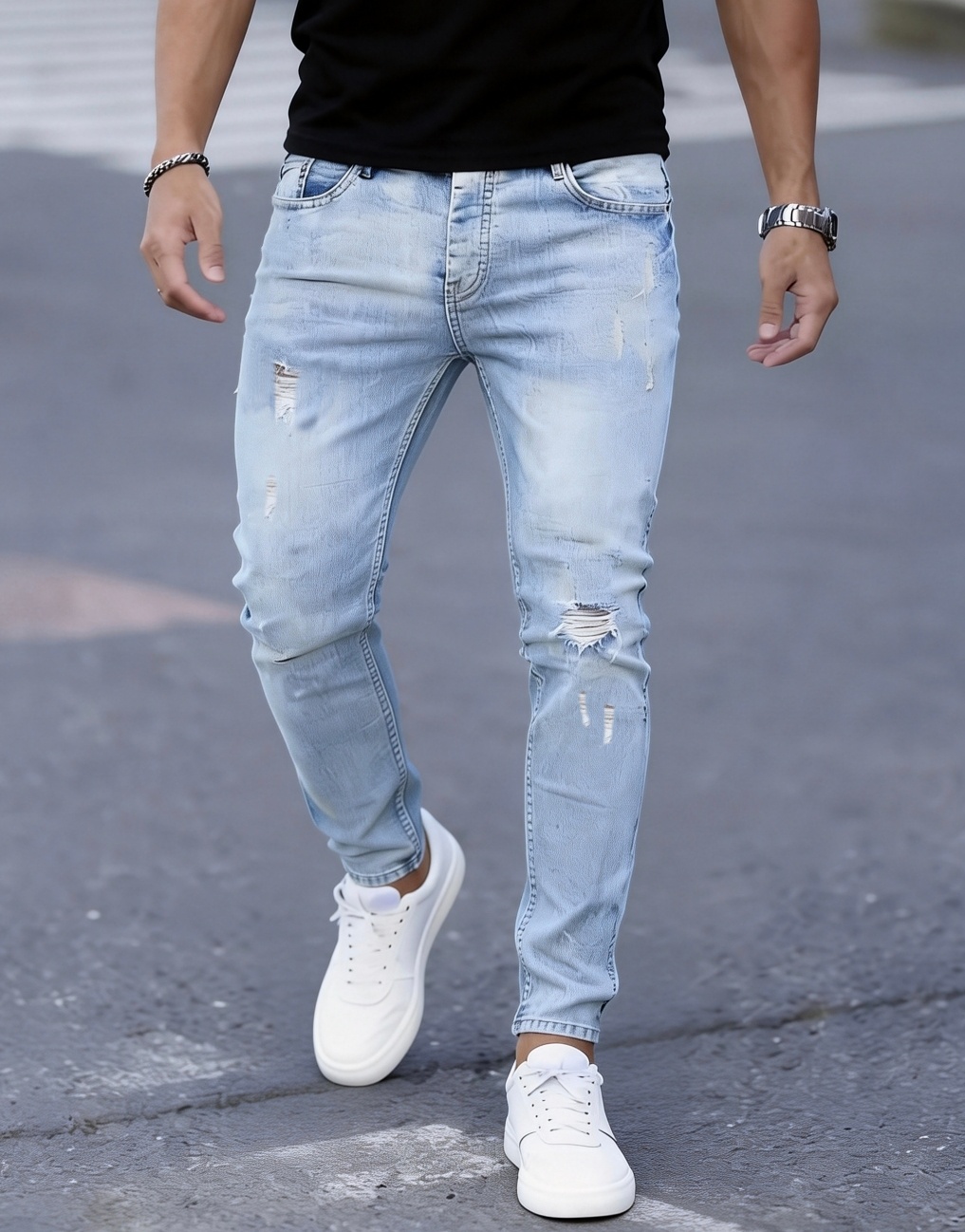 メンズスリムフィットストレッチダメージジーンズ - 透けにく - Men'S Fashion Young Professional のレビューと価格
