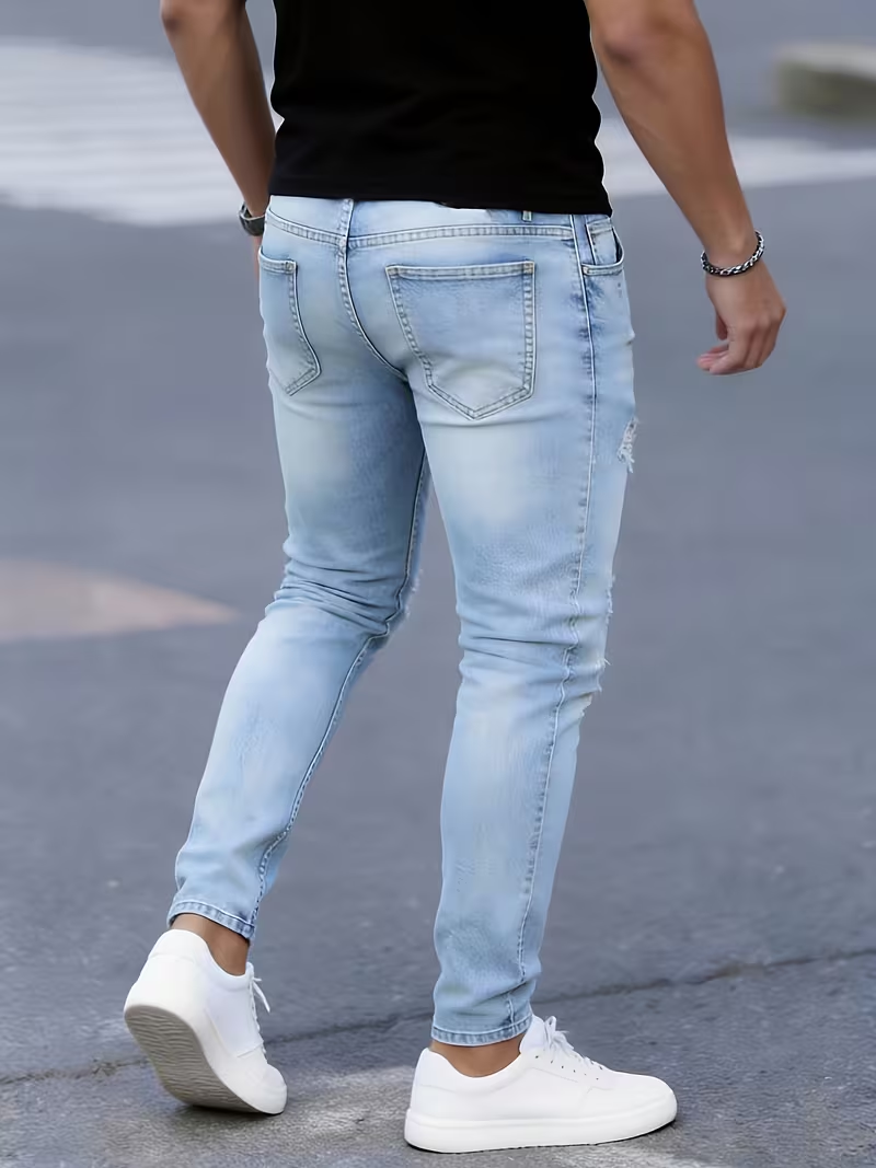 メンズスリムフィットストレッチダメージジーンズ - 透けにく - Men'S Fashion Young Professional のレビューと価格