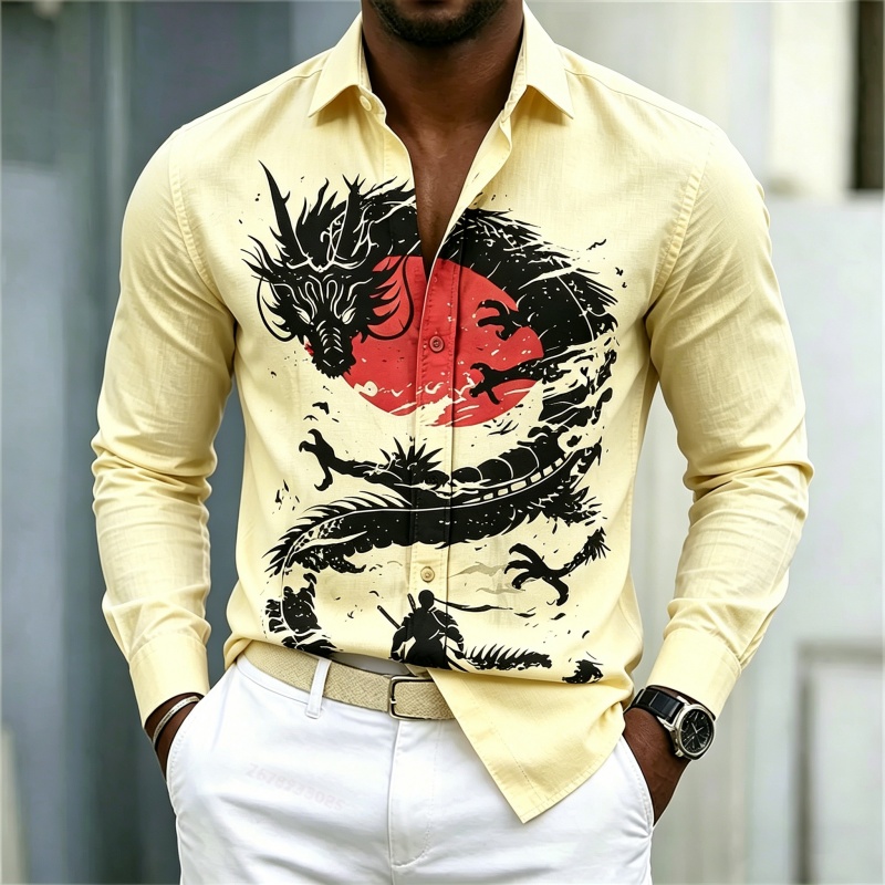 2026年新作 メンズシャツ 白黒赤のコントラスト ドラゴン - Mens Fashion Streetwear のレビューと価格