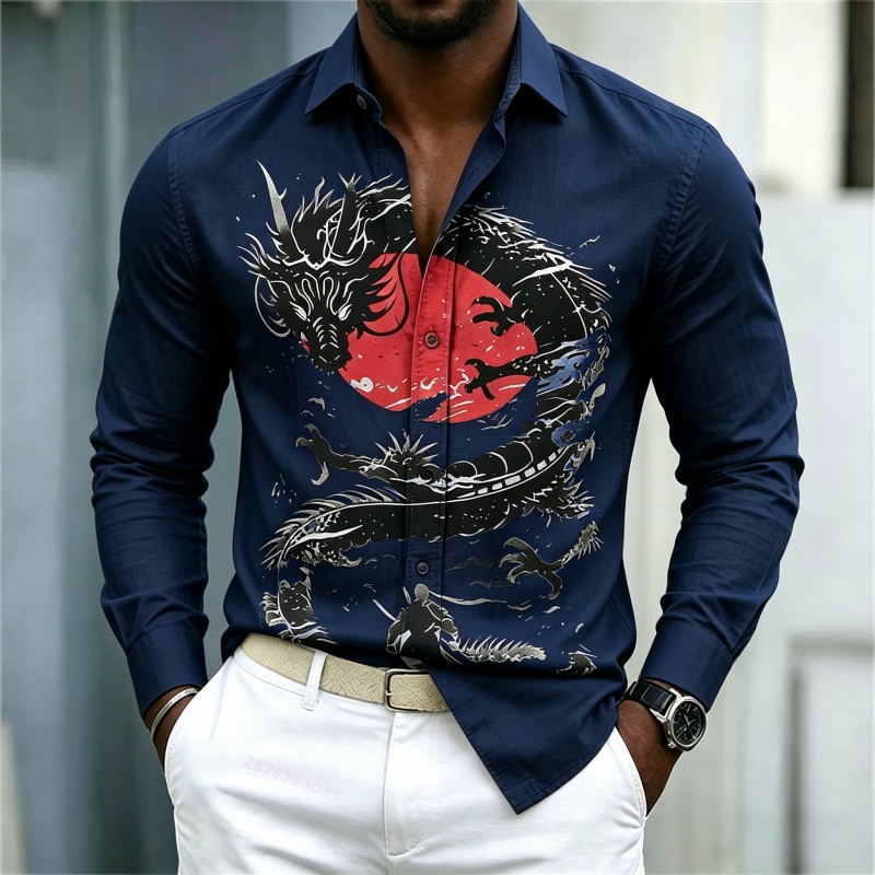2026年新作 メンズシャツ 白黒赤のコントラスト ドラゴン - Mens Fashion Streetwear のレビューと価格