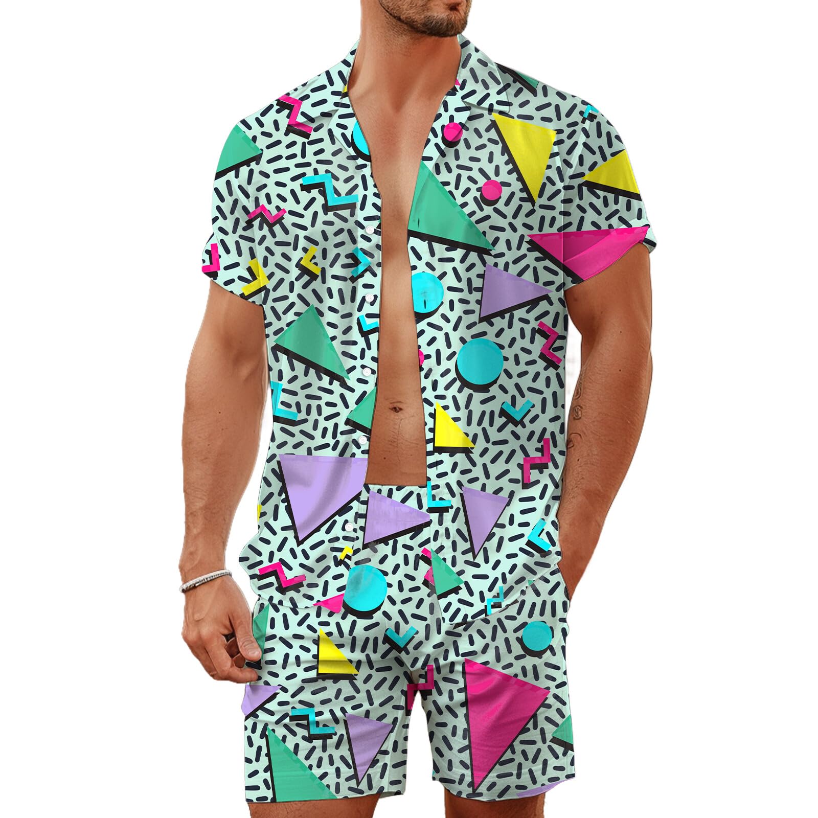 夏用不規則幾何学模様3Dプリントメンズシャツセットファッショ - Mens Fashion Suits のレビューと価格