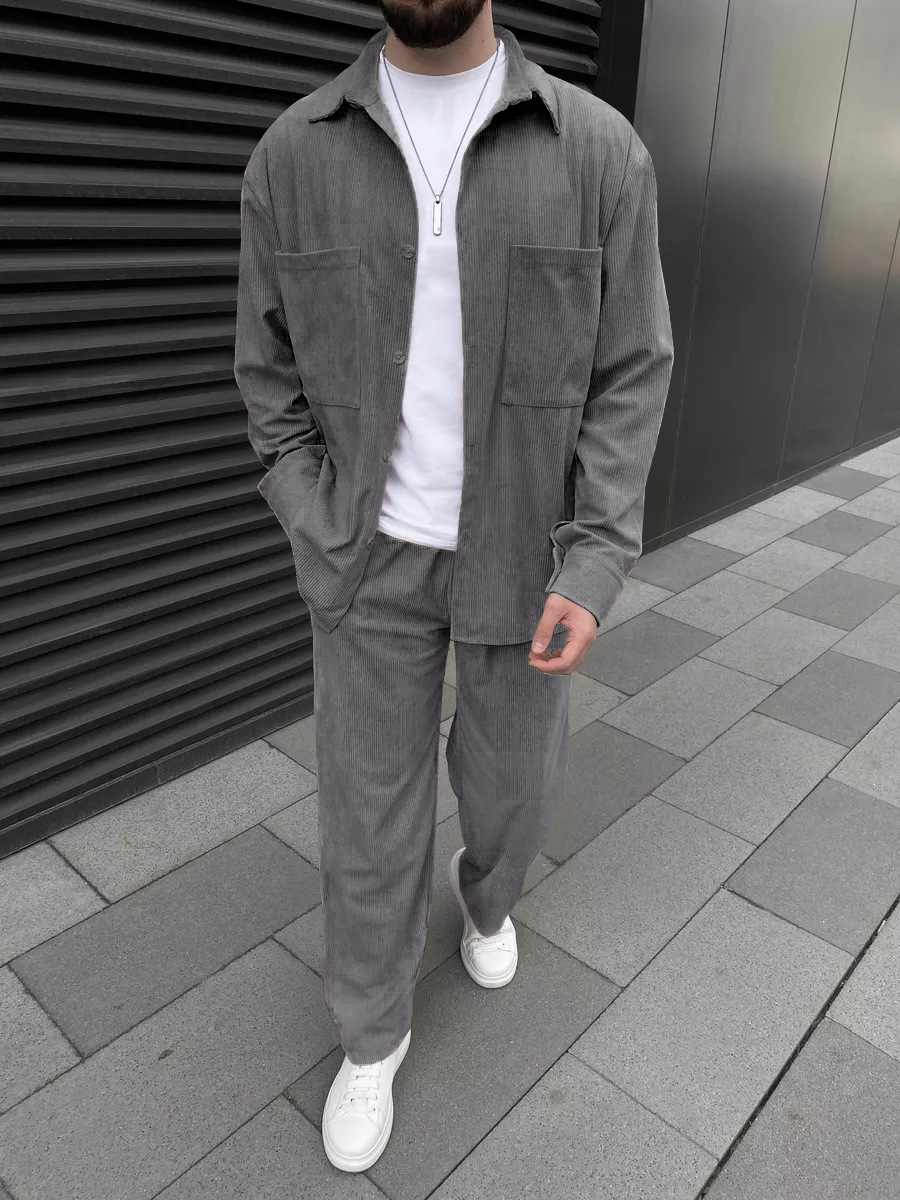 メンズコーデュロイツーピースセット：長袖ボタンダウンシャツと - Mens Fashion Suits のレビューと価格