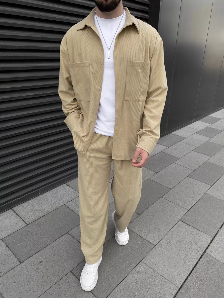 メンズコーデュロイツーピースセット：長袖ボタンダウンシャツと - Mens Fashion Suits のレビューと価格
