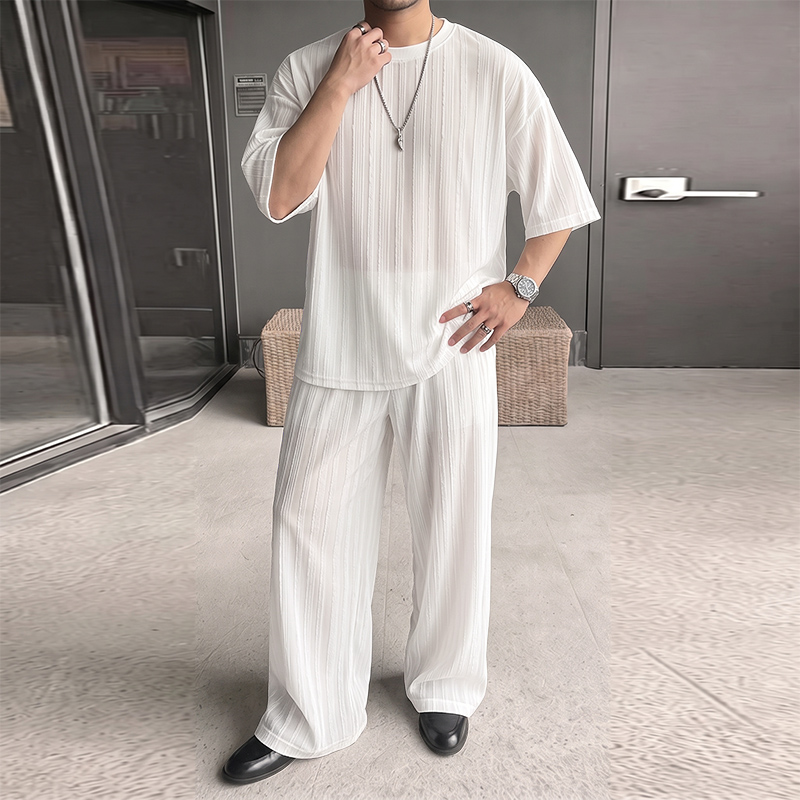 INCERUN メンズセット ストライプ柄 シースルー 半袖 - Men'S Fashion Trousers のレビューと価格